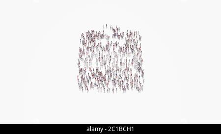3d-Rendering von Menschenmenge von verschiedenen Menschen in Form von Symbol der leeren Zwischenablage auf weißem Hintergrund isoliert Stockfoto