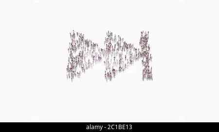 3d-Rendering der Menge von verschiedenen Menschen in Form von Symbol für schnelle Vorwärts Symbol auf weißem Hintergrund isoliert Stockfoto