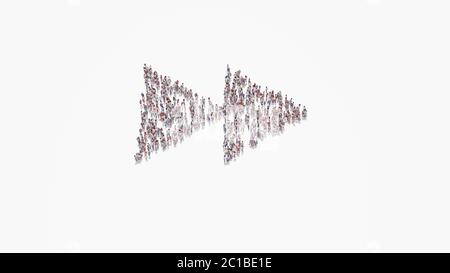 3d-Rendering der Menge von verschiedenen Menschen in Form von Symbol für schnelle Vorwärts Symbol auf weißem Hintergrund isoliert Stockfoto