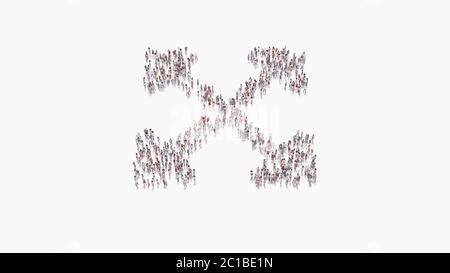 3d-Rendering von Menschenmenge von verschiedenen Menschen in Form von Symbol der erweitern Pfeile mit abgerundeten Ecken auf weißem Hintergrund isoliert Stockfoto