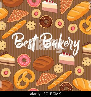 Bäckerei mit handgezeichneten Donuts, Keksen, Kuchen, Croissants und Brot. Vektorgrafik in flacher Form Stock Vektor