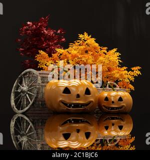 Zwei Lachende Halloween Orange Kürbisse Stockfoto