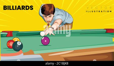 Mann spielen Action Shot Billard Tisch Pool Queue und Bälle Vektor-Illustration Stock Vektor