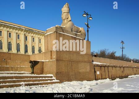 Winter frostiger Morgen, Sphinx und Greifen auf dem Universitätsdamm Stockfoto