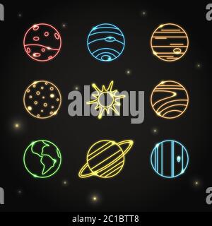 Neon Solar System Planeten und Sonne Icons Kollektion in dünne Linie Stil. Bunte Raum Objekt Symbole auf dunklem Hintergrund. Stock Vektor