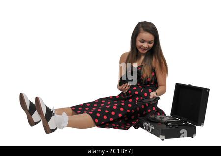 Teenage Frau mit Vinyl 45 Platte Stockfoto