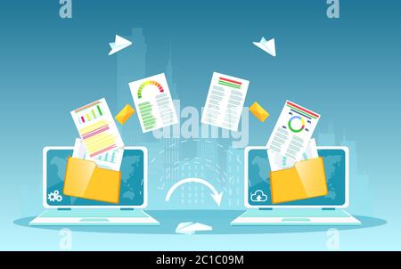 Vektor von zwei Laptops und finanzielle Dateiübertragung Prozess von einem in den anderen mit Ordnern auf einem Bildschirm Stock Vektor