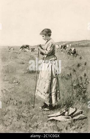 1890 Fototapegravur eines Charles S. Pearce Gemäldes mit der Bildunterschrift Shepherdess Stockfoto