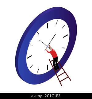 Isometrisches Zeitmanagement-Konzept. Der Mann in Rot korrigiert die Zeit der blauen Uhr. vektordarstellung isoliert auf Weiß Stock Vektor