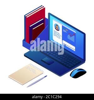Isometrisches Online-Lernkonzept. Laptop mit Video-Tutorial auf dem Bildschirm. Distanz lernen isoliert Vektor-Illustration Stock Vektor