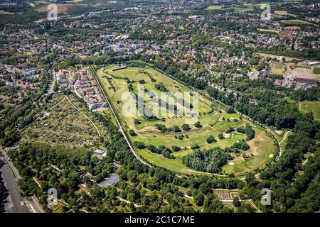 Luftaufnahme, Golfclub GC Schloß Horst, Golfplatz, Friedhof Horst-Süd, Schotterclub Horst Emscher,Neubaugebiet, Wohngebiet am Bowenga Stockfoto