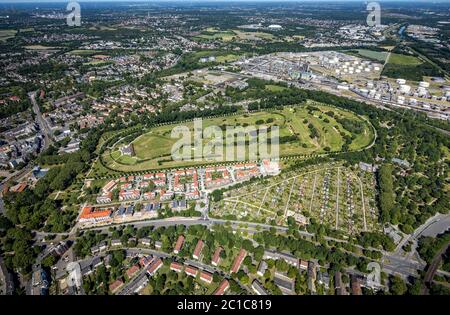 Luftaufnahme, Golfclub GC Schloß Horst, Golfplatz, Friedhof Horst-Süd, Schotterclub Horst Emscher,Neubaugebiet, Wohngebiet am Bowenga Stockfoto