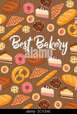 Bäckerei mit handgezeichneten Donuts, Keksen, Kuchen, Croissants und Brot. Vektorgrafik in flacher Form Stock Vektor