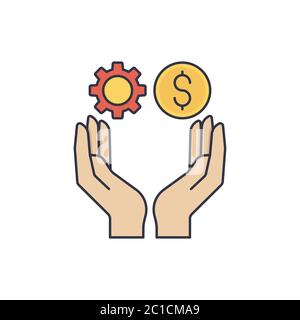 Hände halten Getriebe und Geld Vektor Symbol Symbol isoliert auf weißem Hintergrund Stock Vektor
