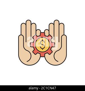 Hände halten Getriebe und Geld Vektor Symbol Symbol isoliert auf weißem Hintergrund Stock Vektor