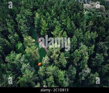 Luftaufnahme des orangen Zeltes am Wald in den Bergen. Foto mit Drone aufgenommen Stockfoto