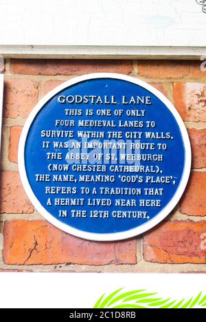 Eine blaue Plakette für Godstall Lane, Chester, Großbritannien. Stockfoto