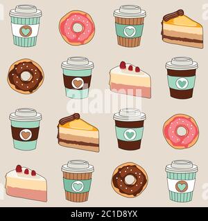Kaffee, Kuchen und Donuts Vektor nahtlose Muster Stock Vektor