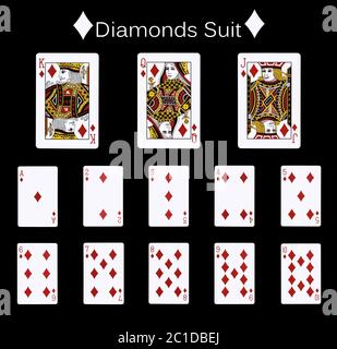 Spielkarten Diamanten Anzug. Flächen doppelt. Isoliert auf Schwarz Stockfoto