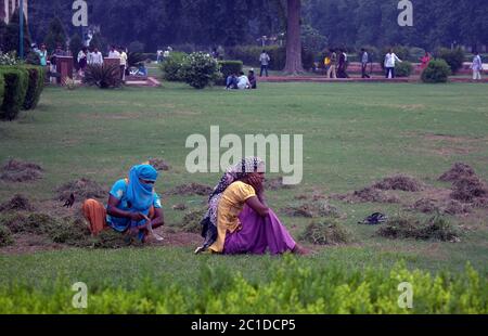New Delhi, Indien - 13. September 2013: Weibliche Arbeiter schneiden das Gras in roten Fort königlichen Garten in Neu-Delhi, Indien Stockfoto