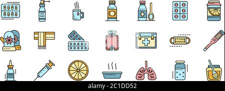Symbole für Grippe-Kranken setzen Linienfarbvektor Stock Vektor