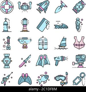 Schnorchelausrüstung Symbole setzen Linienfarbe Vektor Stock Vektor