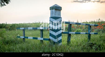 Holzmarkiersäule auf dem Feld, mit Erbsen, vor dem Hintergrund von grünem Gras Stockfoto