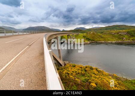 KYLESKU BRÜCKE SUTHERLAND SCHOTTLAND ÜBER LOCH CAIRNBAWN MIT GELBEM GORSE AUF DER BANK Stockfoto