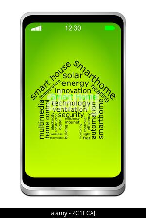 Smartphone mit Smart Home Wordcloud auf grünem Desktop - 3D-Illustration Stockfoto