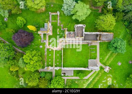 Luftaufnahme der Ruine von Dryburgh Abbey in Dryburgh, Scottish Borders, Schottland Großbritannien Stockfoto