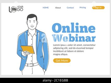 Online-Webinar-Zielseite im Thin-Line-Stil. Stock Vektor