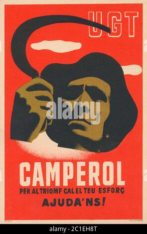 Spanischer Bürgerkrieg 1936/1939, katalanisches Propagandaposter. „Farmers for Triumph, Ihre Bemühungen brauchen Hilfe“. Spanien, 1930er Jahre Stockfoto