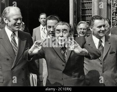Ford und Breschnew treffen sich 1975 in Helsinki. Stockfoto