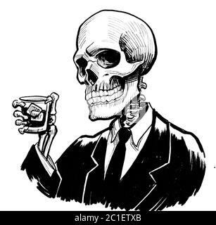 Menschliches Skelett im Anzug mit einem Glas Whiskey. Tinte schwarz-weiß Zeichnung Stockfoto