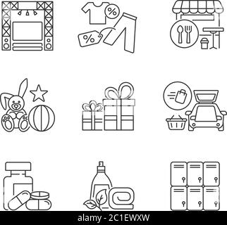 Shopping Mall Produkte Pixel perfekte lineare Symbole gesetzt Stock Vektor