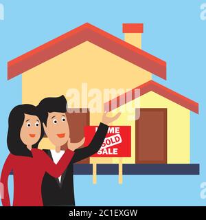 Geschäftsmann und Geschäftsfrau vor dem Haus zum Verkauf Plank Banner und verkauft für Immobilien-Konzept. vektor-Illustration Stock Vektor