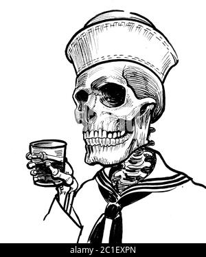 Menschliches Skelett in Seeleuten hat ein Glas Rum getrunken. Tinte schwarz-weiß Zeichnung Stockfoto