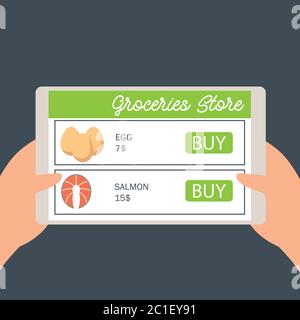 Hand hält Handy für Online-Shopping Lebensmittel. vektor-Illustration Stock Vektor