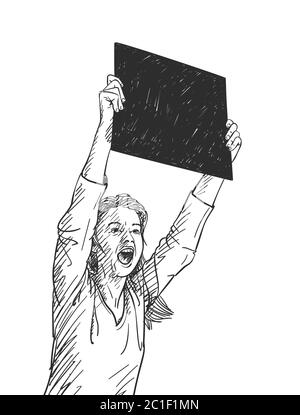 Frau mit schwarzem quadratischem Banner schreit während des Protestes. Vektorskizze, handgezeichnete Illustration Stock Vektor