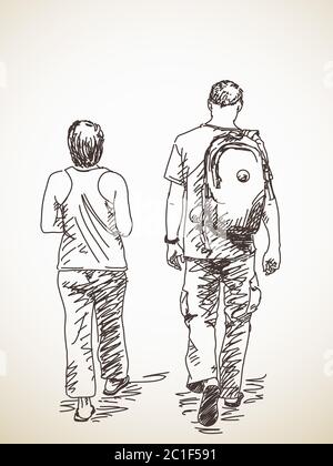 Walking paar Rückansicht Vektor-Skizze handgezeichnete Illustration Stock Vektor
