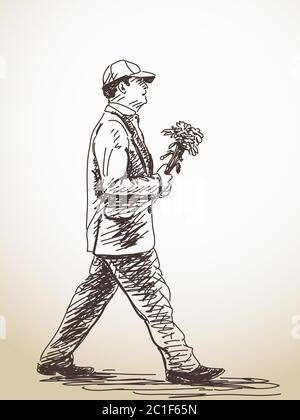 Skizze des Wanderers mit Blumen handgezeichnete Illustration Stock Vektor