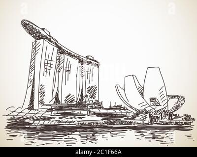 19. Juli 2015: Marina Bay Sands Hotel in Singapur. Handgezeichnete Skizze. Vektorgrafik Stock Vektor