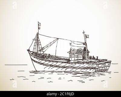 Fischerboot, Vektorgrafik, handgezeichnete Illustration Stock Vektor
