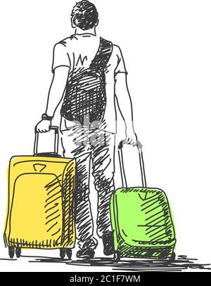 Skizze des Menschen mit Koffern, handgezeichnet Vektor-Illustration Stock Vektor