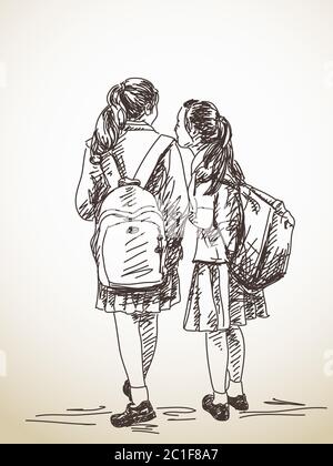 Hand gezeichnet zwei Schülerinnen Freunde mit Rucksack Vektor Skizze Stock Vektor