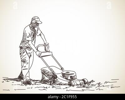 Skizze des Menschen mit Rasenmäher, handgezeichnete Illustration Stock Vektor