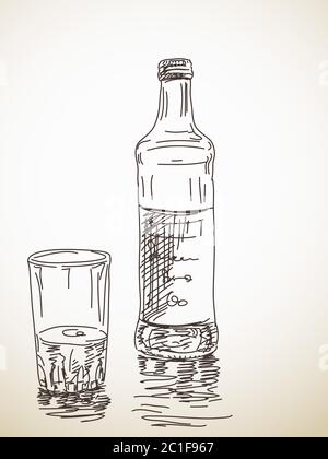 Skizze von Flasche und Glas. Handgezeichnete Vektorgrafik Stock Vektor