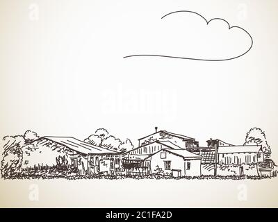 Häuser im Dorf, Landschaft, handgezeichnete Illustration Skizze. Stock Vektor