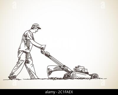 Skizze des Menschen mit Rasenmäher, handgezeichnete Illustration Stock Vektor