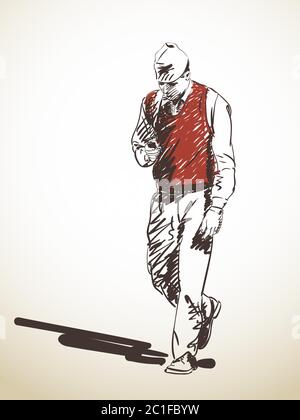 Skizze des nepalesischen Mannes mit Mobiltelefon beim Gehen, handgezeichnete Illustration Stock Vektor